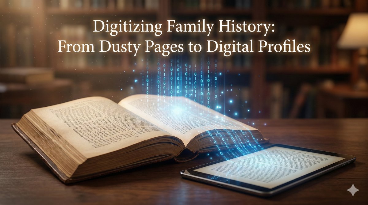 Old family history book with digital tablet showing data transformation - Digitizing Family History
