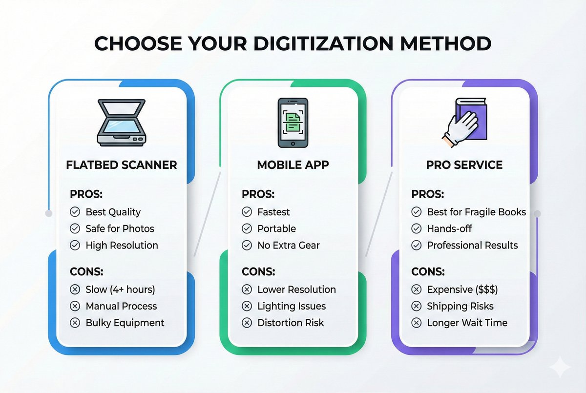 Digitization method comparison: Flatbed Scanner vs Mobile App vs Pro Service with pros and cons