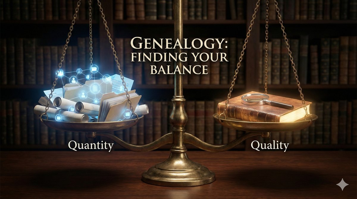 Balance scale with Quantity (documents and data) on one side and Quality (careful research) on the other