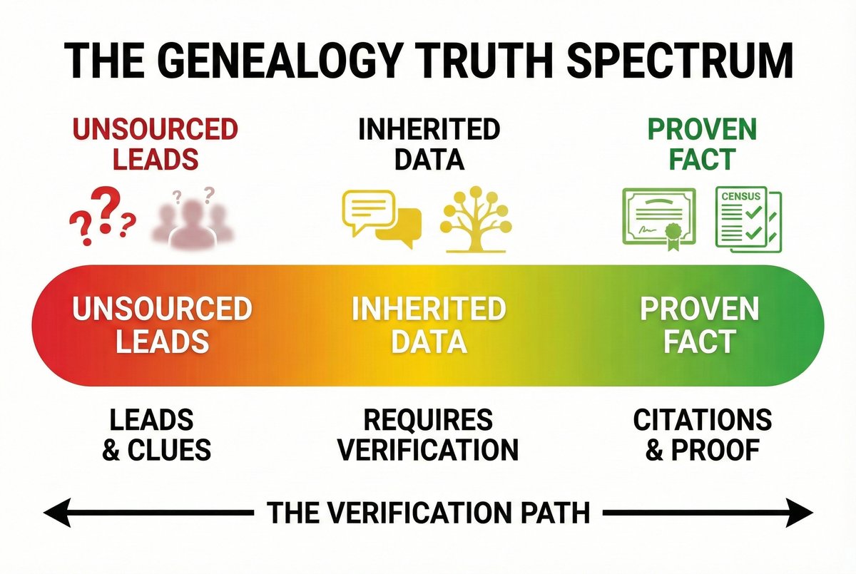 The Genealogy Truth Spectrum: Unsourced Leads to Inherited Data to Proven Fact along the verification path