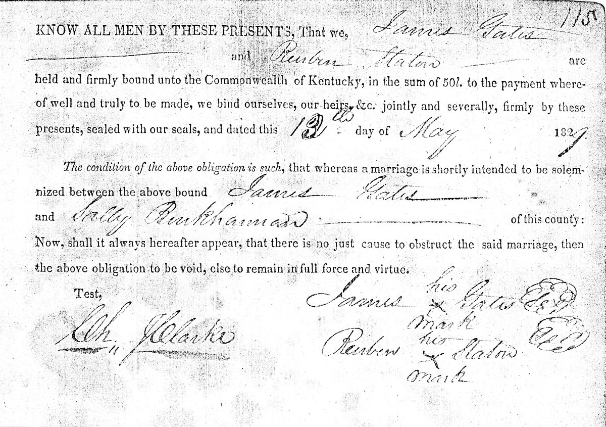 1827 Kentucky marriage bond showing Sally Rinkhannadd - the handwritten name that was misread from Buckhannan
