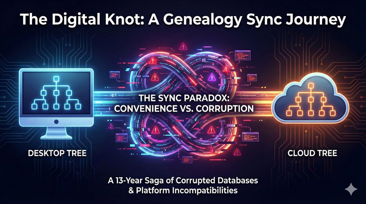 The Digital Knot - A Genealogy Sync Journey showing desktop and cloud tree sync challenges
