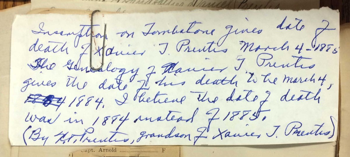 Handwritten note by grandson X.T. Prentis stating he believes the death date was 1884, not 1885 as inscribed on the tombstone
