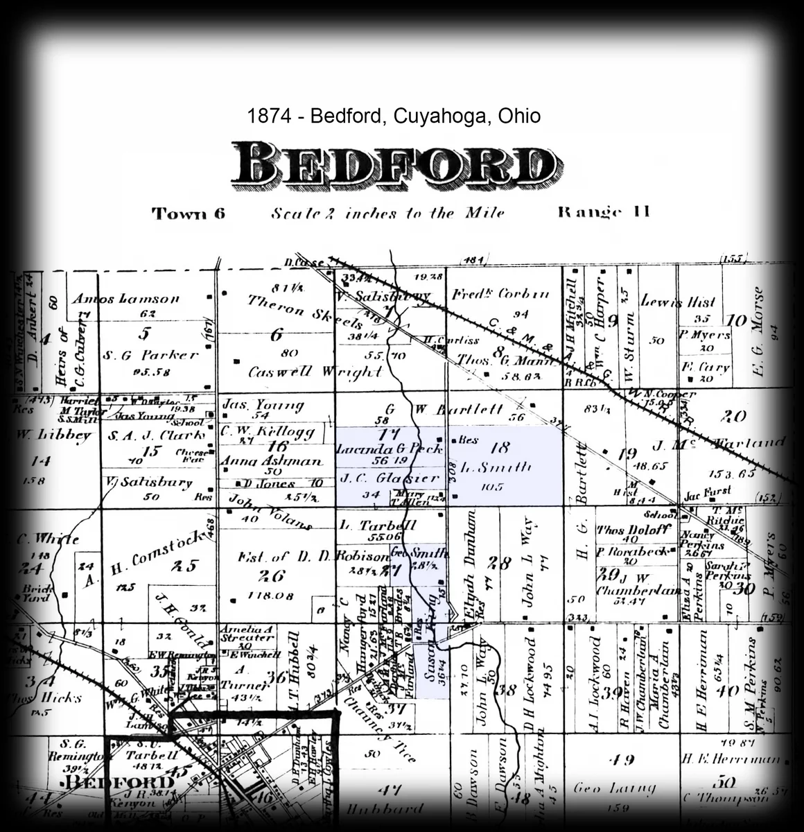 1874 plat map of Bedford, Cuyahoga County, Ohio, highlighting the proximity of Glasier and Smith properties